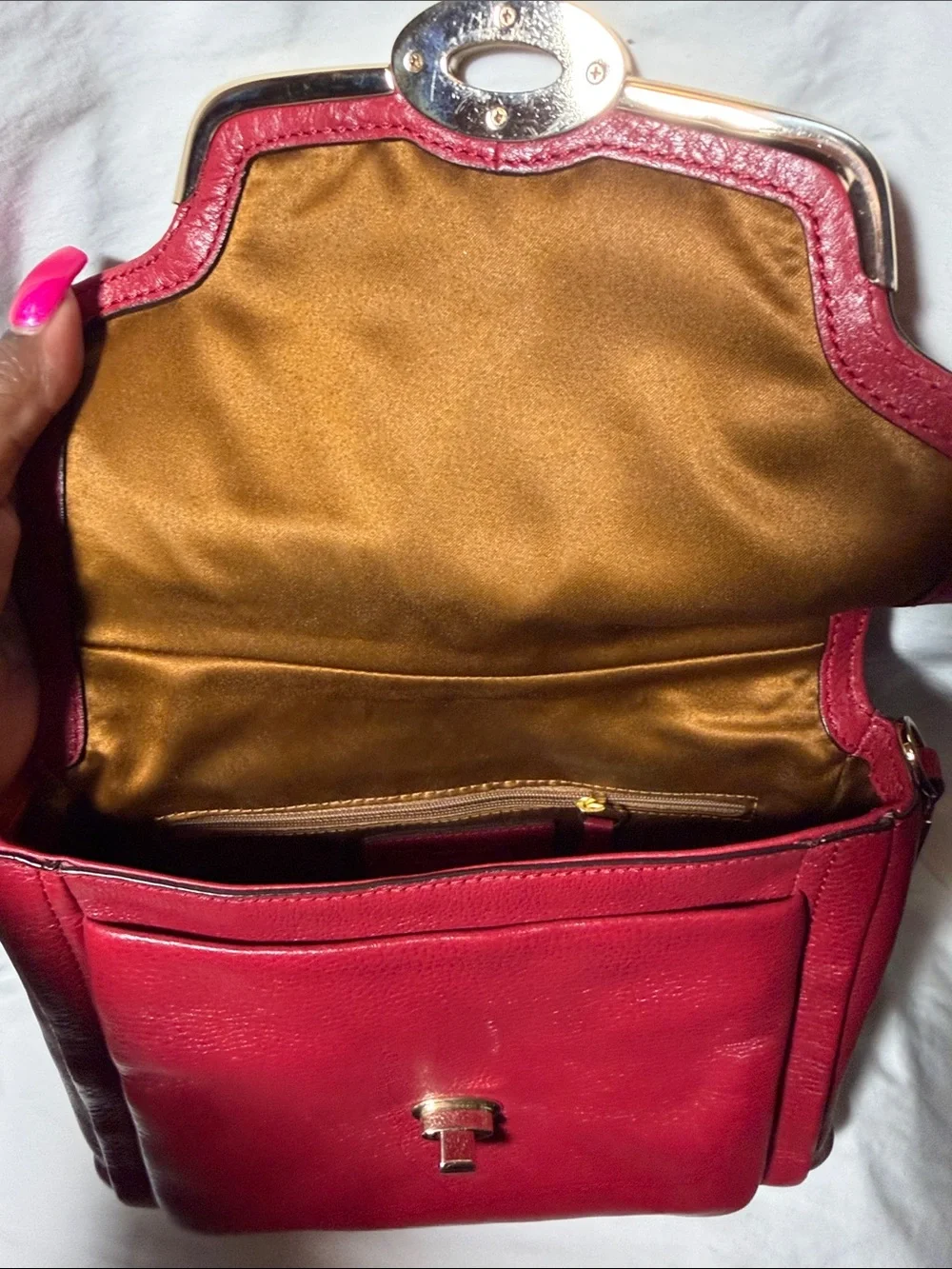 Coach Red Pebbled Leather Top-Handle Satchel with Gold Hardware - Picture 10 of 14